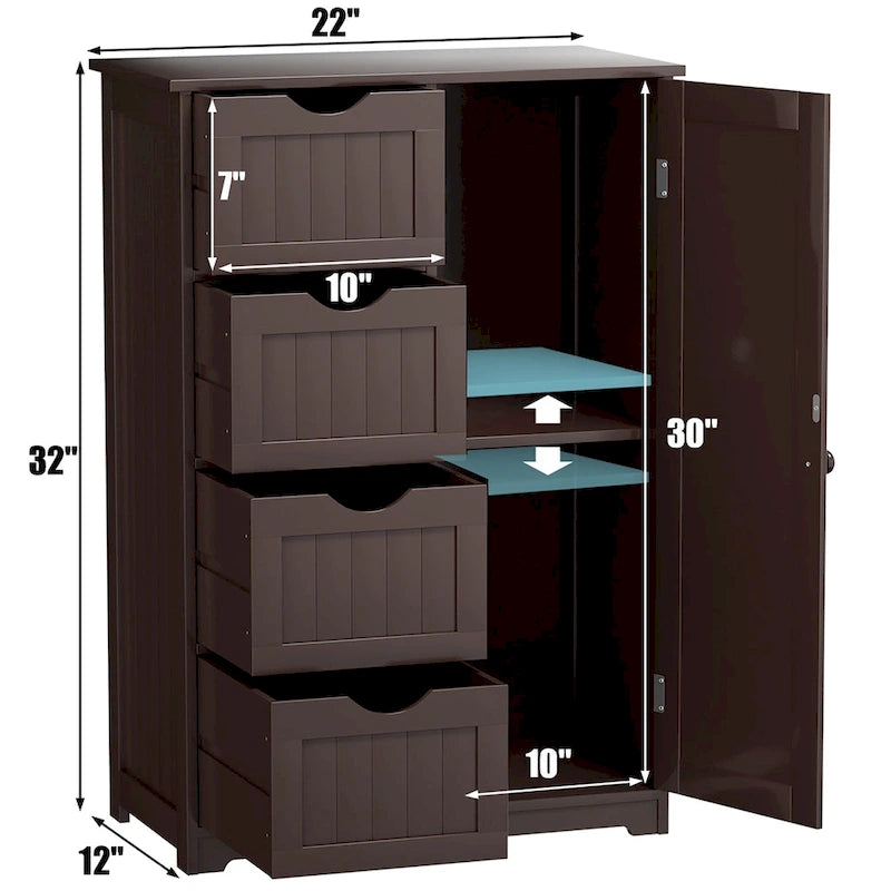 Costway Wooden 4 Drawer Bathroom Floor Cabinet Storage Cupboard 2