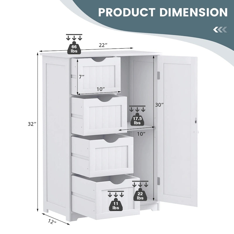Costway Wooden 4 Drawer Bathroom Floor Cabinet Storage Cupboard 2
