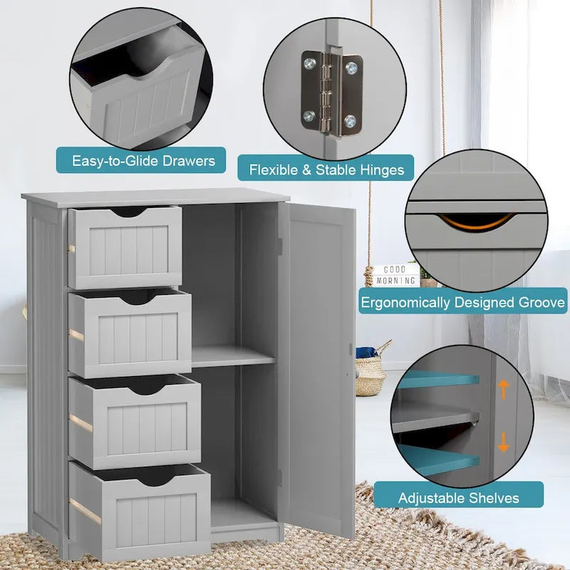 Costway Wooden 4 Drawer Bathroom Floor Cabinet Storage Cupboard 2