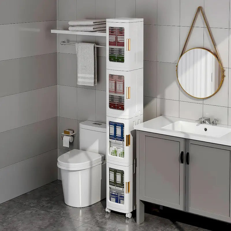4-Tier Plastic Tall Narrow Storage Cabinet with Movable Wheels, Slim Bathroom Organizers and Storage for Small Space