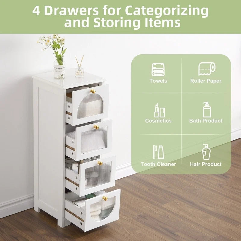 Bathroom Floor Cabinet with 4 Drawers, Small Wooden Storage Cabinet
