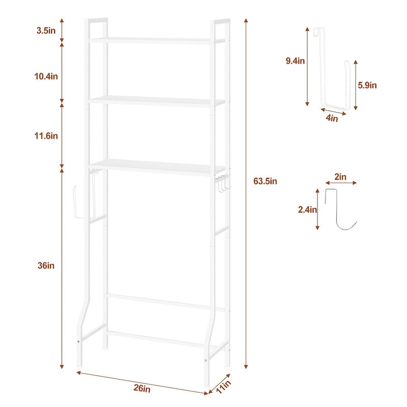3 Tier Above Toilet Storage Rack for Bathroom with Metal Frame and Hooks
