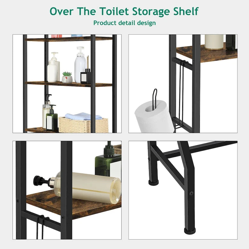 3 Tier Above Toilet Storage Rack for Bathroom with Metal Frame and Hooks