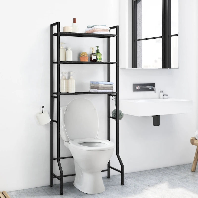 3 Tier Above Toilet Storage Rack for Bathroom with Metal Frame and Hooks