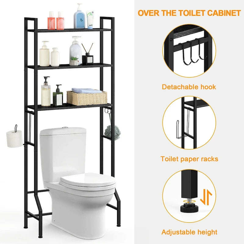 3 Tier Above Toilet Storage Rack for Bathroom with Metal Frame and Hooks