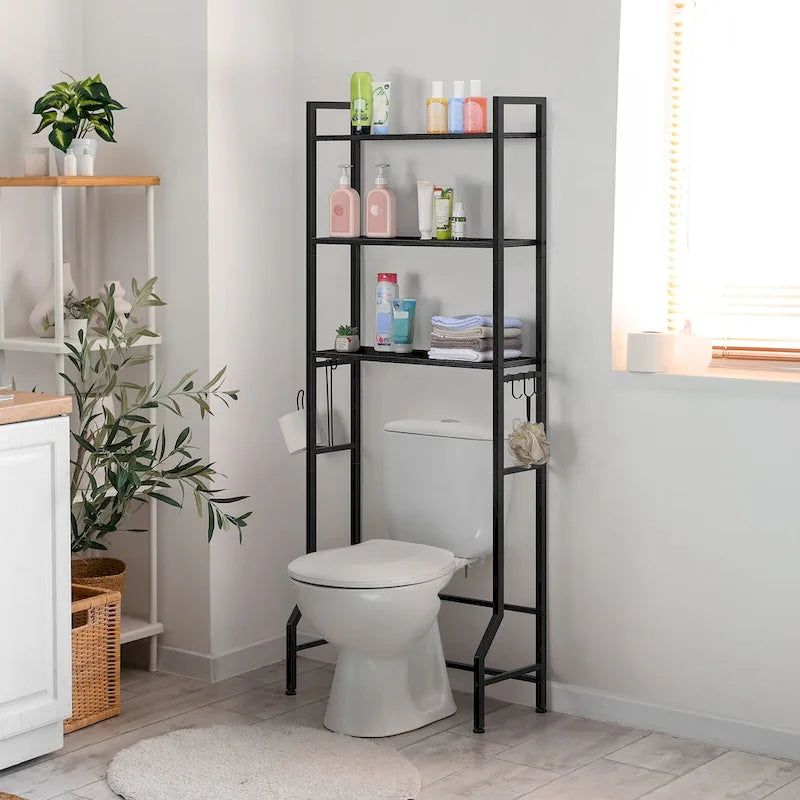 3 Tier Above Toilet Storage Rack for Bathroom with Metal Frame and Hooks