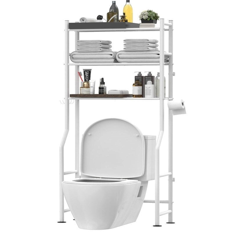 3-Tier Over The Toilet Storage, Freestanding Metal Bathroom Shelves with 4 Hooks, Over Toilet Storage Shelf with Paper Holder