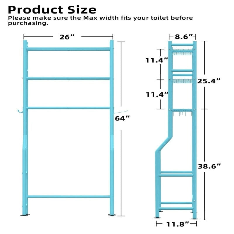 3-Tier Over The Toilet Storage, Freestanding Metal Bathroom Shelves with 4 Hooks, Over Toilet Storage Shelf with Paper Holder
