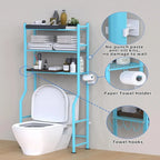 3-Tier Over The Toilet Storage, Freestanding Metal Bathroom Shelves with 4 Hooks, Over Toilet Storage Shelf with Paper Holder