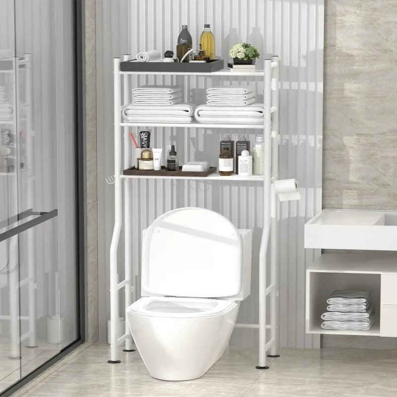 3-Tier Over The Toilet Storage, Freestanding Metal Bathroom Shelves with 4 Hooks, Over Toilet Storage Shelf with Paper Holder