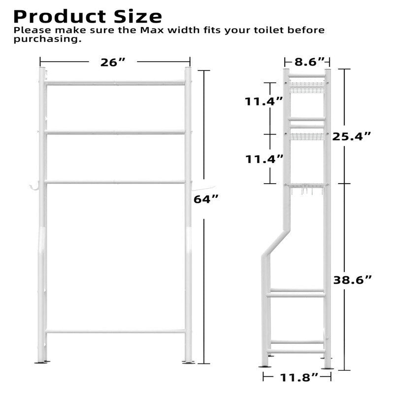 3-Tier Over The Toilet Storage, Freestanding Metal Bathroom Shelves with 4 Hooks, Over Toilet Storage Shelf with Paper Holder