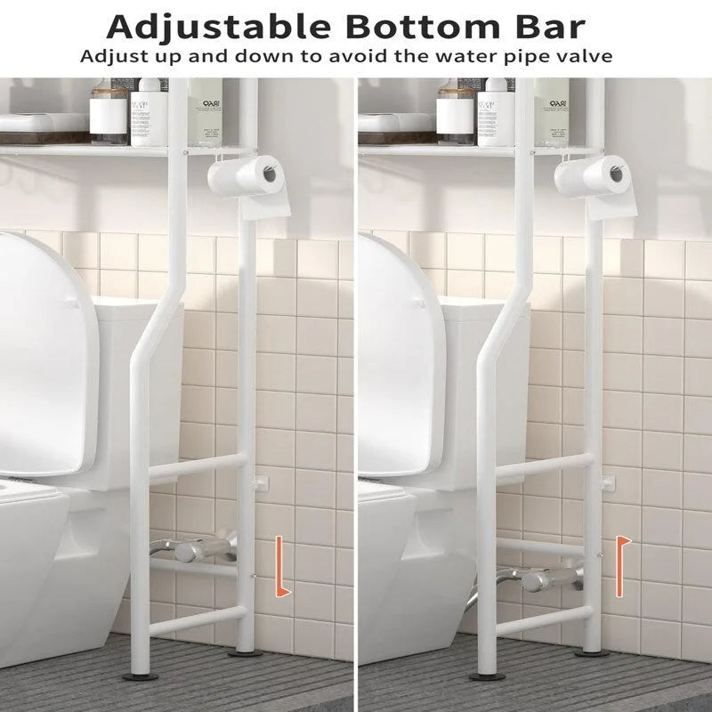 3-Tier Over The Toilet Storage, Freestanding Metal Bathroom Shelves with 4 Hooks, Over Toilet Storage Shelf with Paper Holder