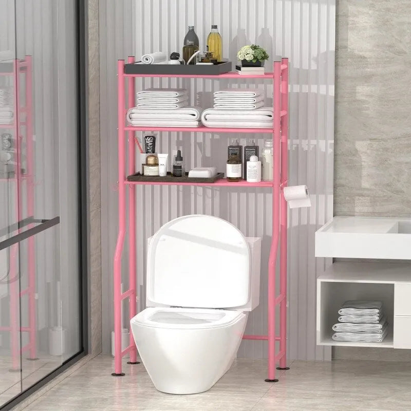 3-Tier Over The Toilet Storage, Freestanding Metal Bathroom Shelves with 4 Hooks, Over Toilet Storage Shelf with Paper Holder