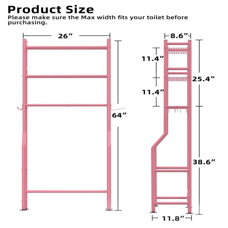 3-Tier Over The Toilet Storage, Freestanding Metal Bathroom Shelves with 4 Hooks, Over Toilet Storage Shelf with Paper Holder