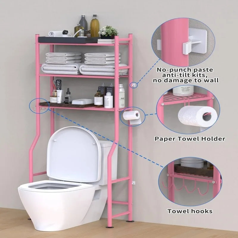 3-Tier Over The Toilet Storage, Freestanding Metal Bathroom Shelves with 4 Hooks, Over Toilet Storage Shelf with Paper Holder