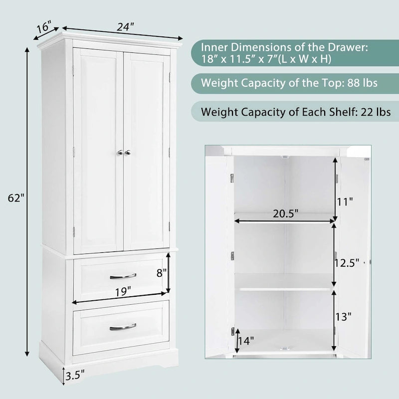 Costway 62  Tall Bathroom Freestanding Floor Storage Cabinet with 2 - 24  x 16  x 62  (L x W x H)