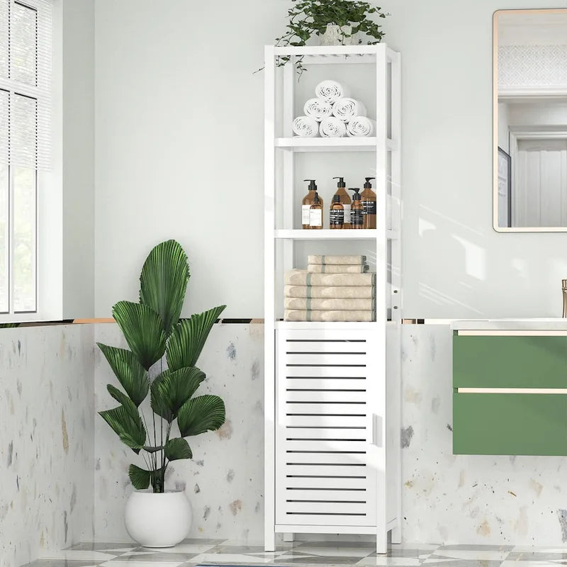 Bamboo Narrow Bathroom Storage Cabinet, 6-Tier 67 Inch Tall Floor Standing Tower with Shutter Door and Open Shelves