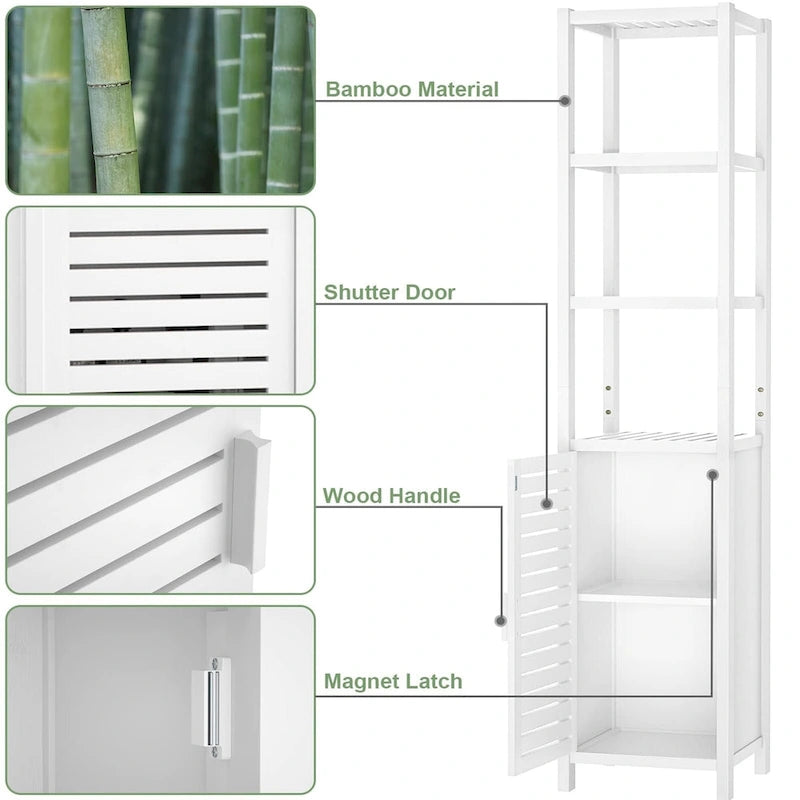 Bamboo Narrow Bathroom Storage Cabinet, 6-Tier 67 Inch Tall Floor Standing Tower with Shutter Door and Open Shelves