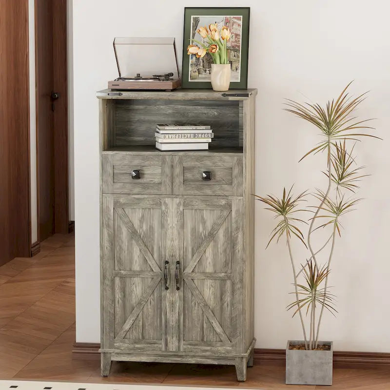 EROMMY Farmhouse Storage Cabinet with Doors and Adjustable Shelves, Small Freestanding Floor Cabinet , Narrow Organizer - N/A
