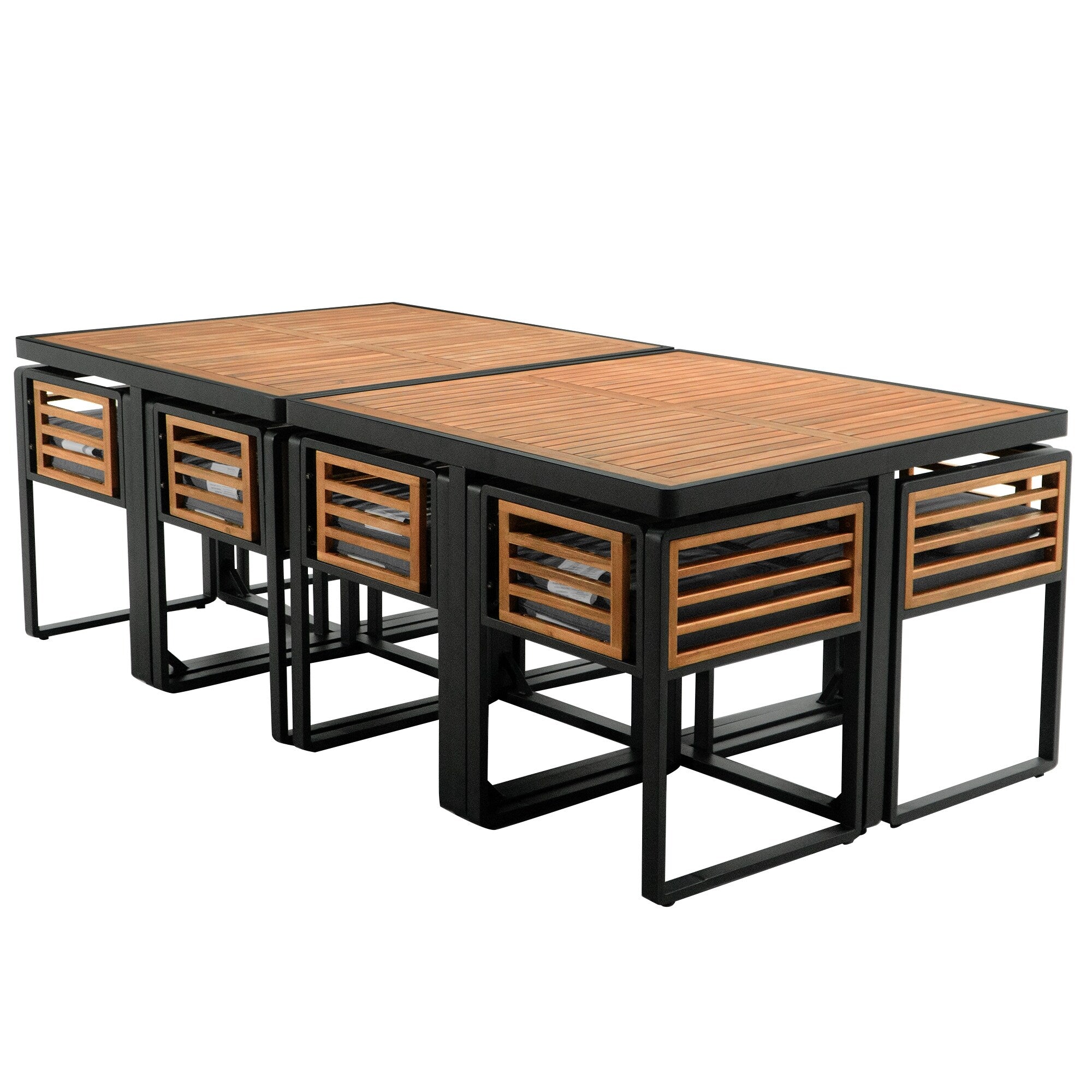 18-Pieces Acacia Wood Patio Dining Set, 8 Cushioned Chairs &amp; 8 Ottomans &amp; 2 Square Table