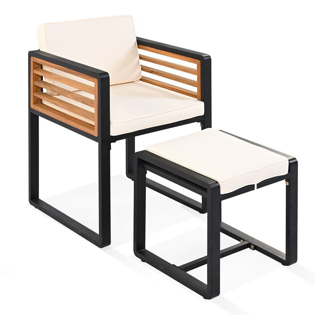 18-Pieces Acacia Wood Patio Dining Set, 8 Cushioned Chairs &amp; 8 Ottomans &amp; 2 Square Table