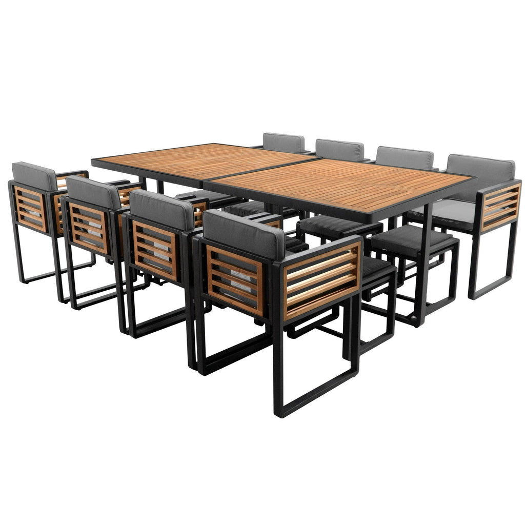 18-Pieces Acacia Wood Patio Dining Set, 8 Cushioned Chairs &amp; 8 Ottomans &amp; 2 Square Table