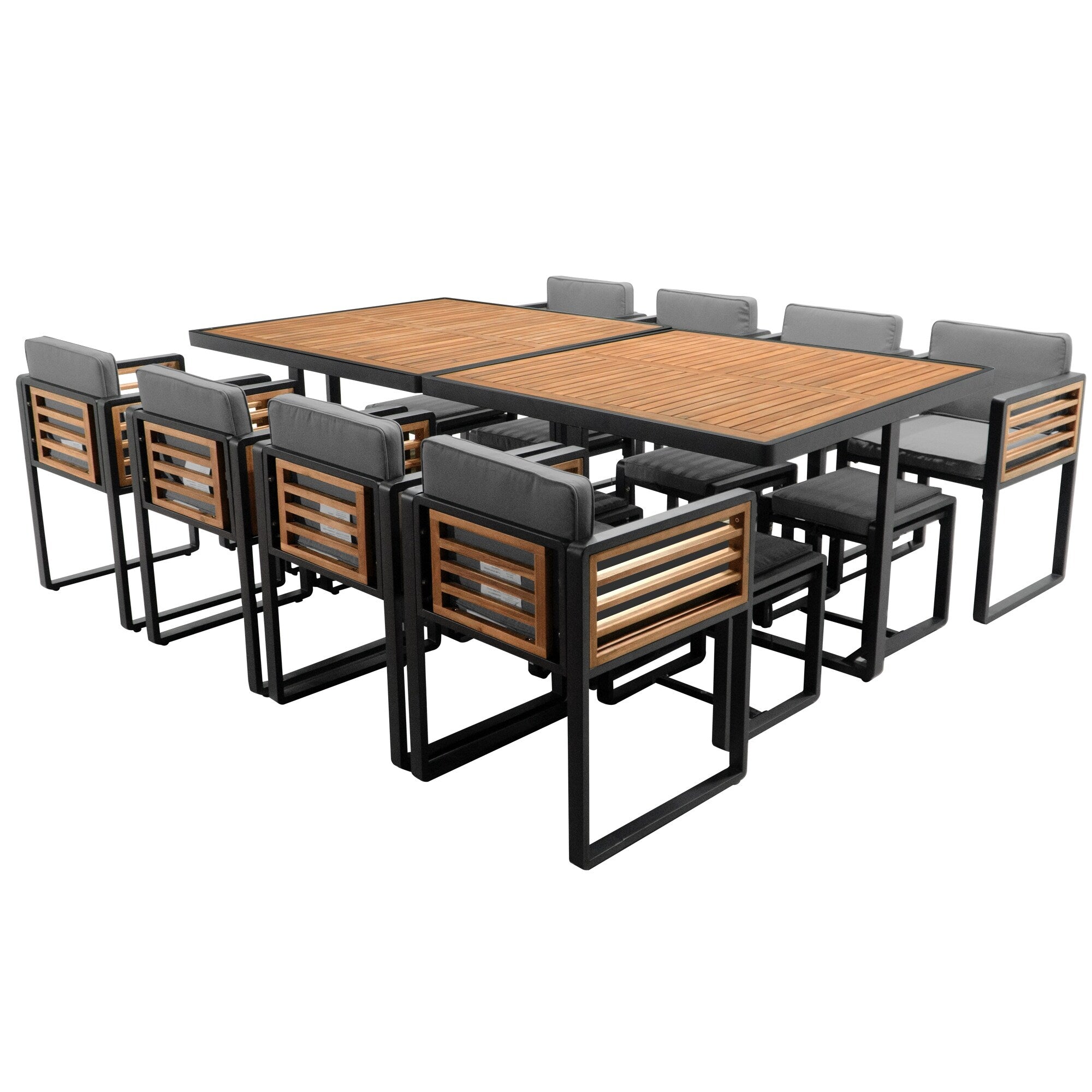 18-Pieces Acacia Wood Patio Dining Set, 8 Cushioned Chairs &amp; 8 Ottomans &amp; 2 Square Table