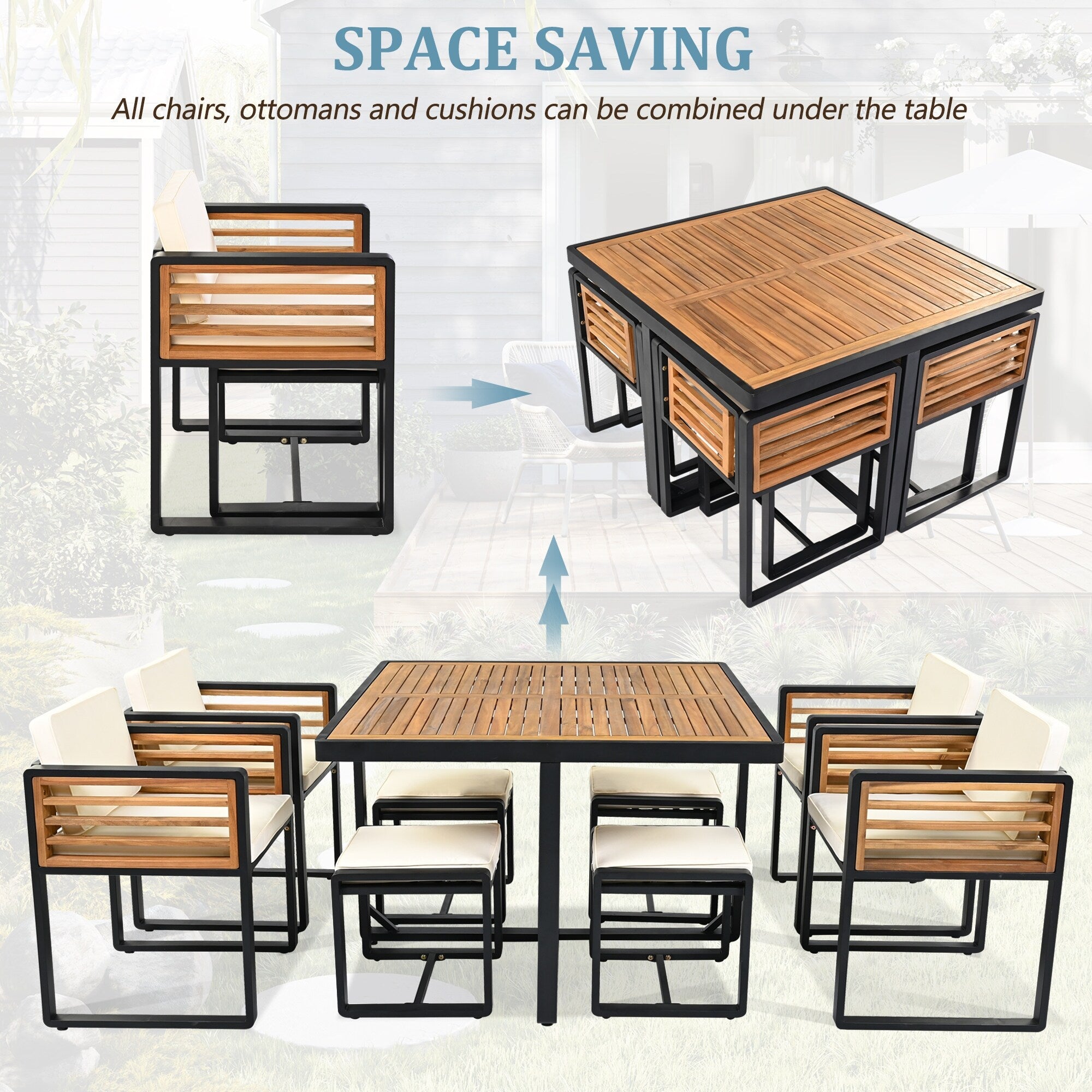 18-Pieces Acacia Wood Patio Dining Set, 8 Cushioned Chairs &amp; 8 Ottomans &amp; 2 Square Table