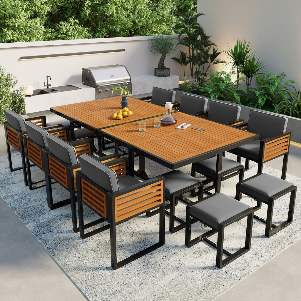18-Pieces Acacia Wood Patio Dining Set, 8 Cushioned Chairs &amp; 8 Ottomans &amp; 2 Square Table