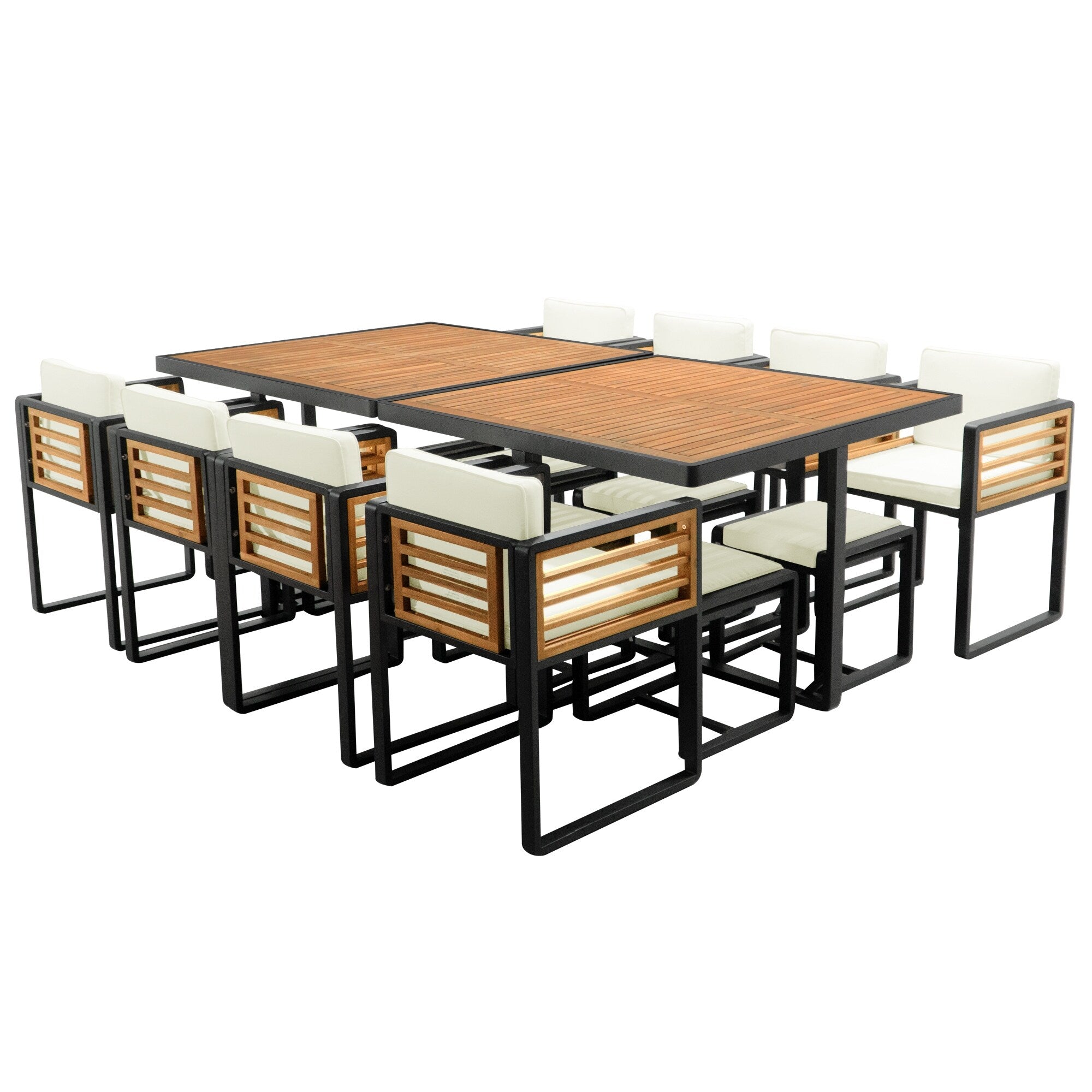 18-Pieces Acacia Wood Patio Dining Set, 8 Cushioned Chairs &amp; 8 Ottomans &amp; 2 Square Table