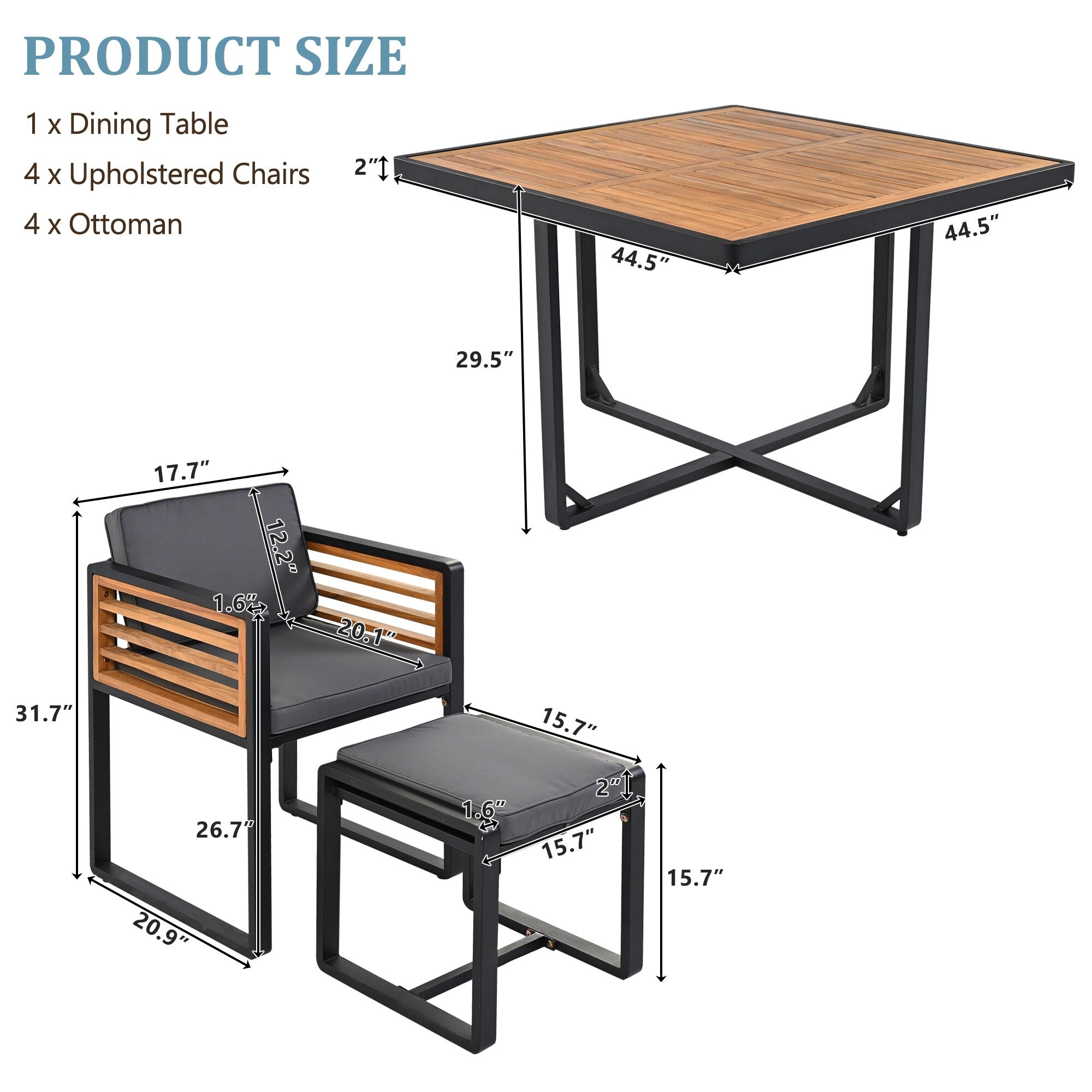 18-Pieces Acacia Wood Patio Dining Set, 8 Cushioned Chairs &amp; 8 Ottomans &amp; 2 Square Table