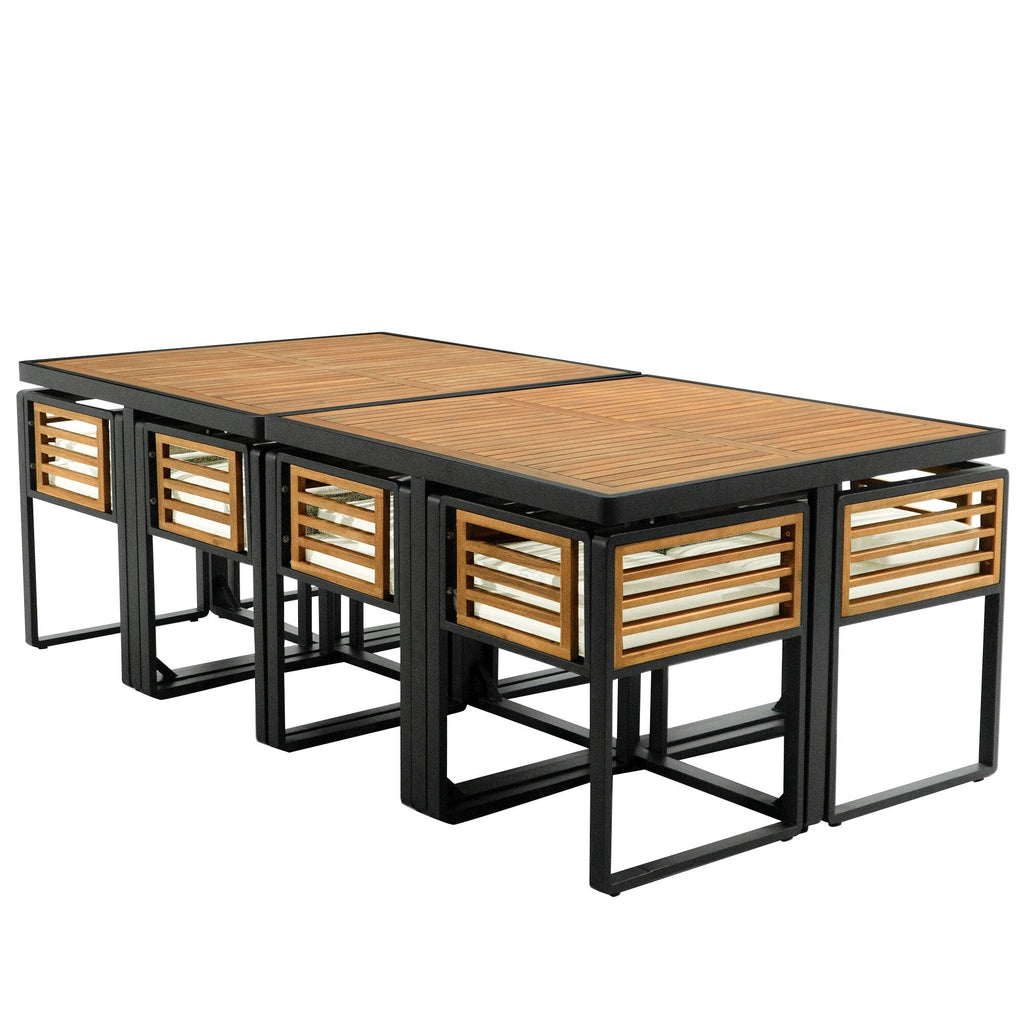 18-Pieces Acacia Wood Patio Dining Set, 8 Cushioned Chairs &amp; 8 Ottomans &amp; 2 Square Table