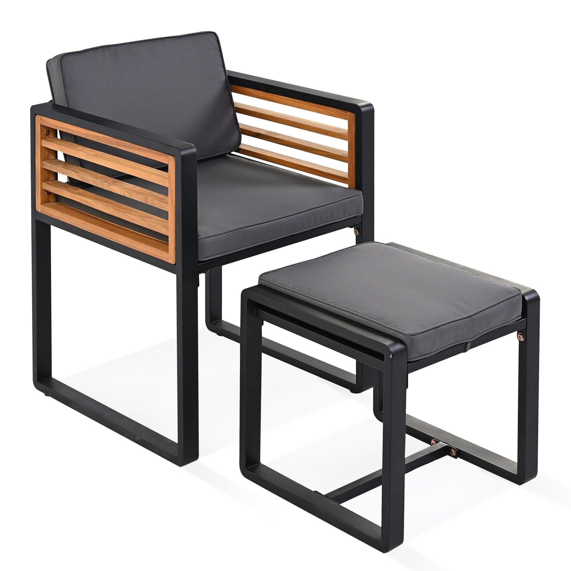 18-Pieces Acacia Wood Patio Dining Set, 8 Cushioned Chairs &amp; 8 Ottomans &amp; 2 Square Table