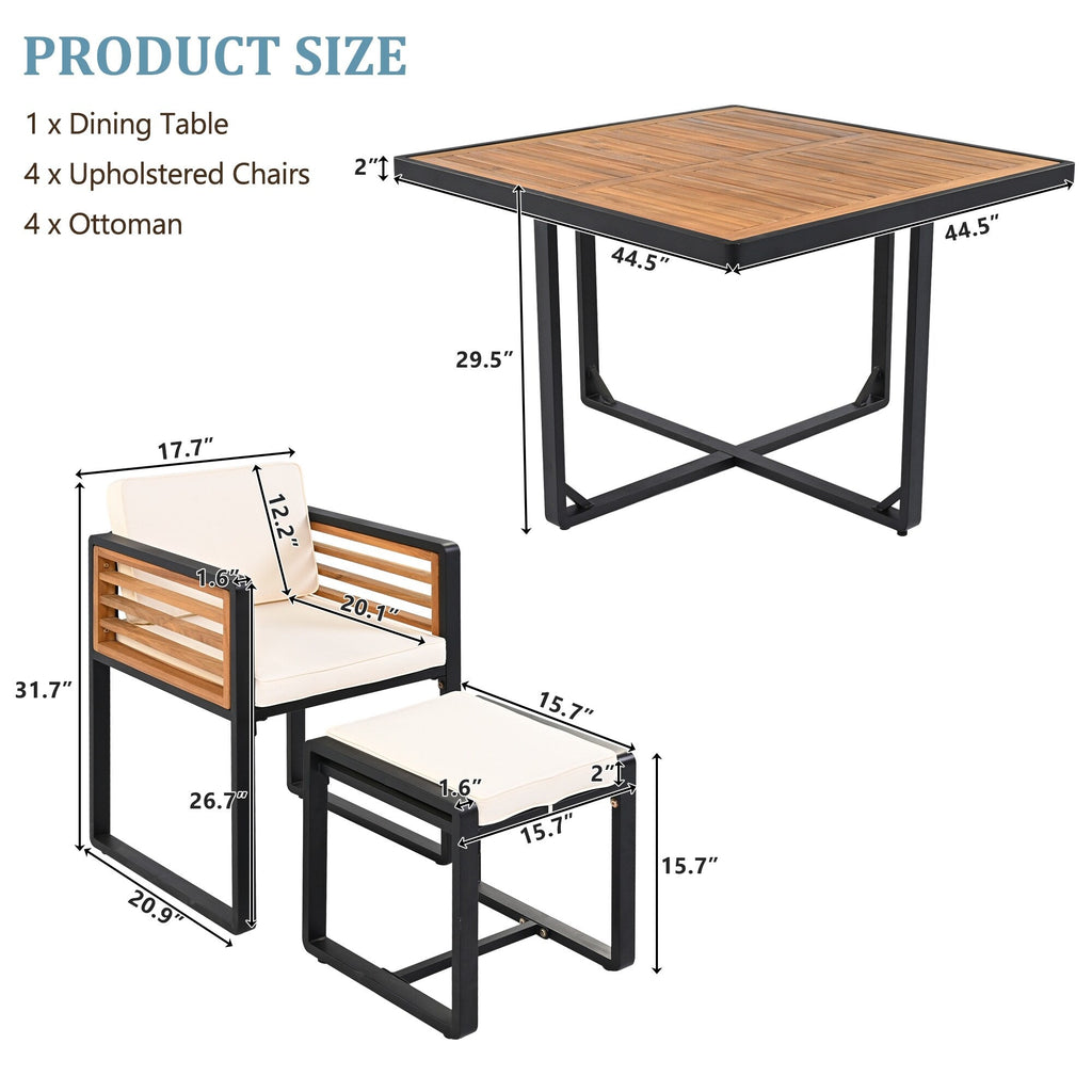 18-Pieces Acacia Wood Patio Dining Set, 8 Cushioned Chairs &amp; 8 Ottomans &amp; 2 Square Table