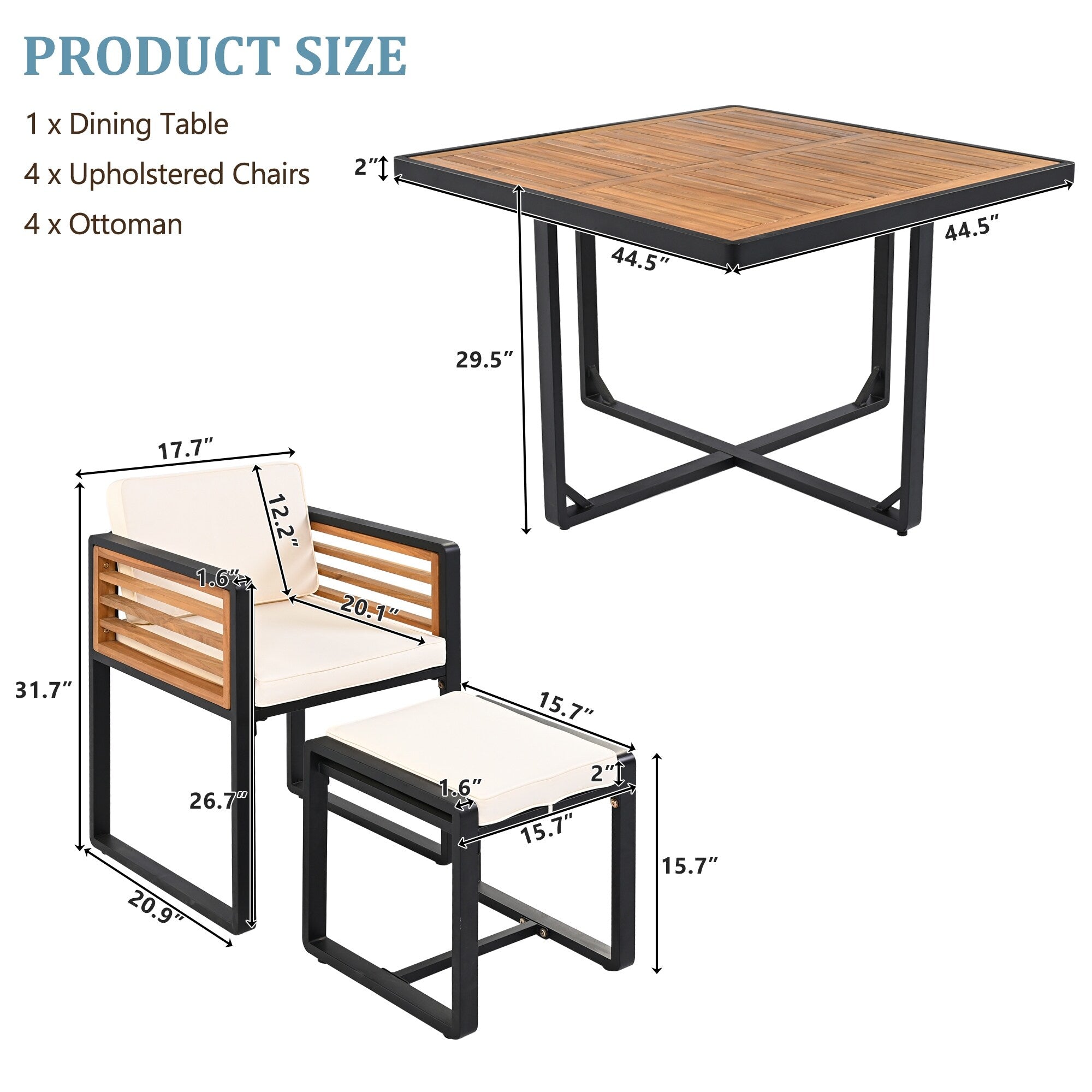 18-Pieces Acacia Wood Patio Dining Set, 8 Cushioned Chairs &amp; 8 Ottomans &amp; 2 Square Table