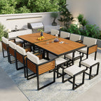 18-Pieces Acacia Wood Patio Dining Set, 8 Cushioned Chairs &amp; 8 Ottomans &amp; 2 Square Table