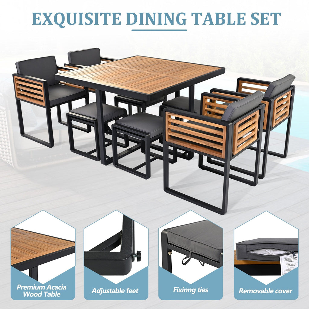 18-Pieces Acacia Wood Patio Dining Set, 8 Cushioned Chairs &amp; 8 Ottomans &amp; 2 Square Table