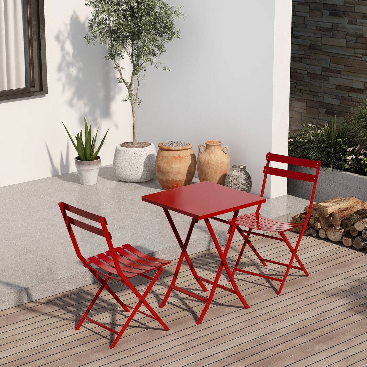 3 Piece Patio Minimalist Bistro Set Foldable Square Table &amp; Chairs - 3-Piece