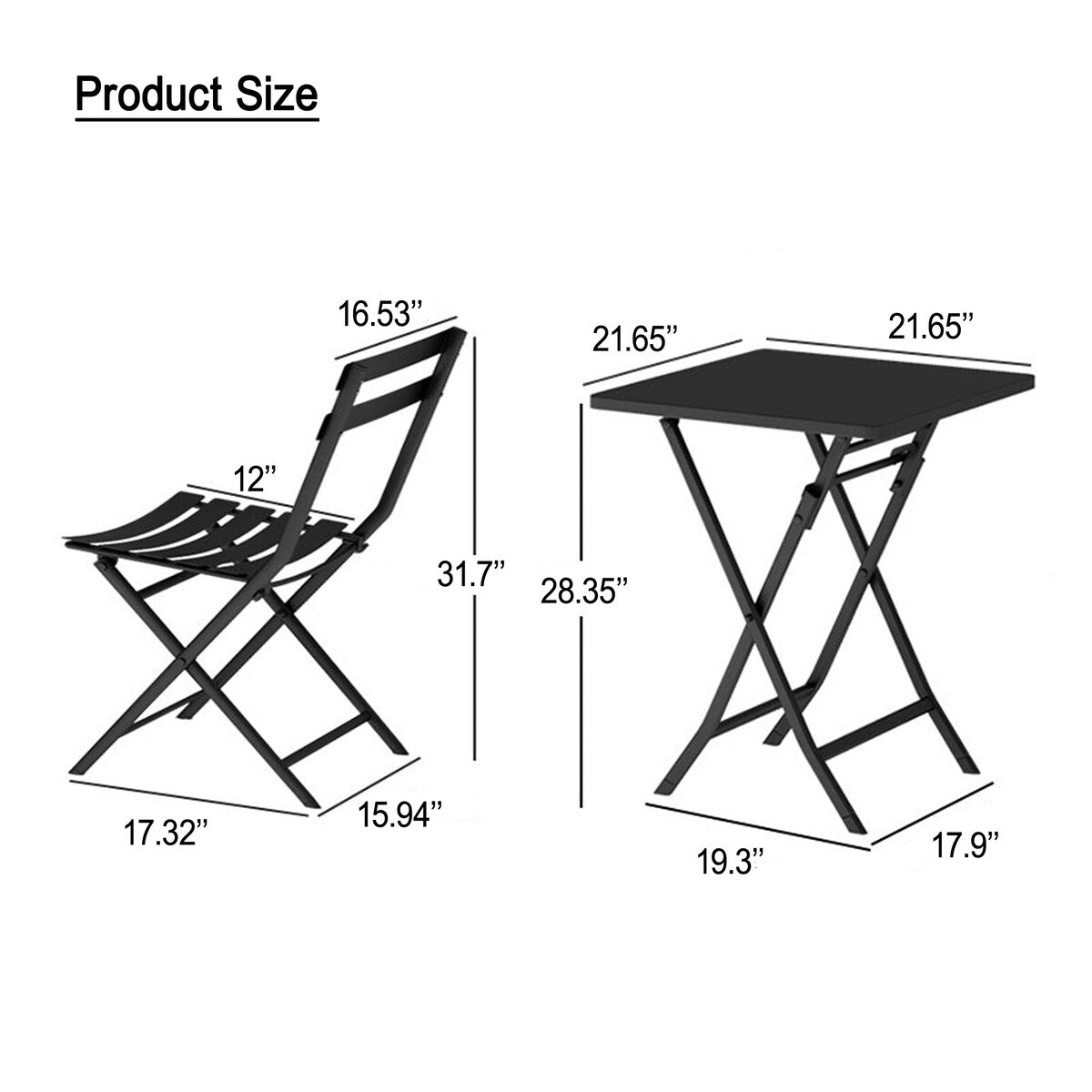 3 Piece Patio Minimalist Bistro Set Foldable Square Table &amp; Chairs - 3-Piece