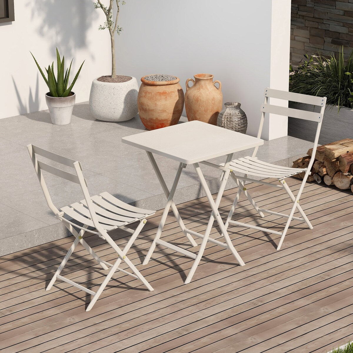 3 Piece Patio Minimalist Bistro Set Foldable Square Table &amp; Chairs - 3-Piece
