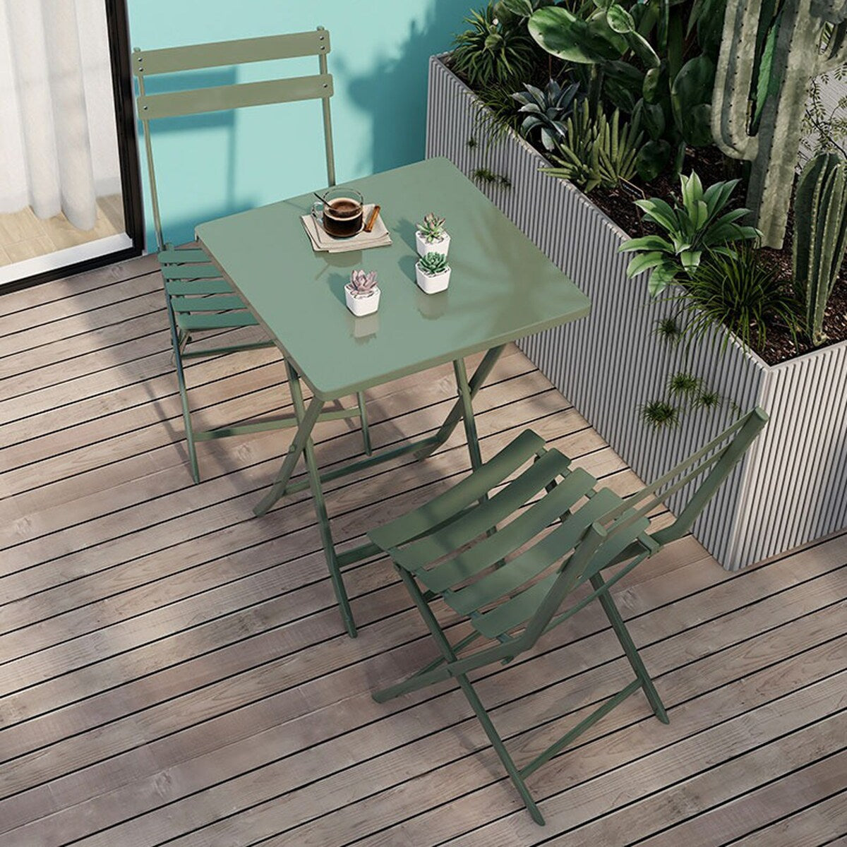 3 Piece Patio Minimalist Bistro Set Foldable Square Table &amp; Chairs - 3-Piece