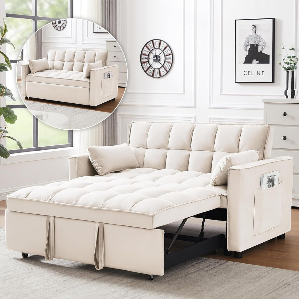 3-in-1 Convertible Sleeper Sofa Bed - Velvet Futon Couch with Adjustable Backrest &amp; Side Pocket for Small Spaces