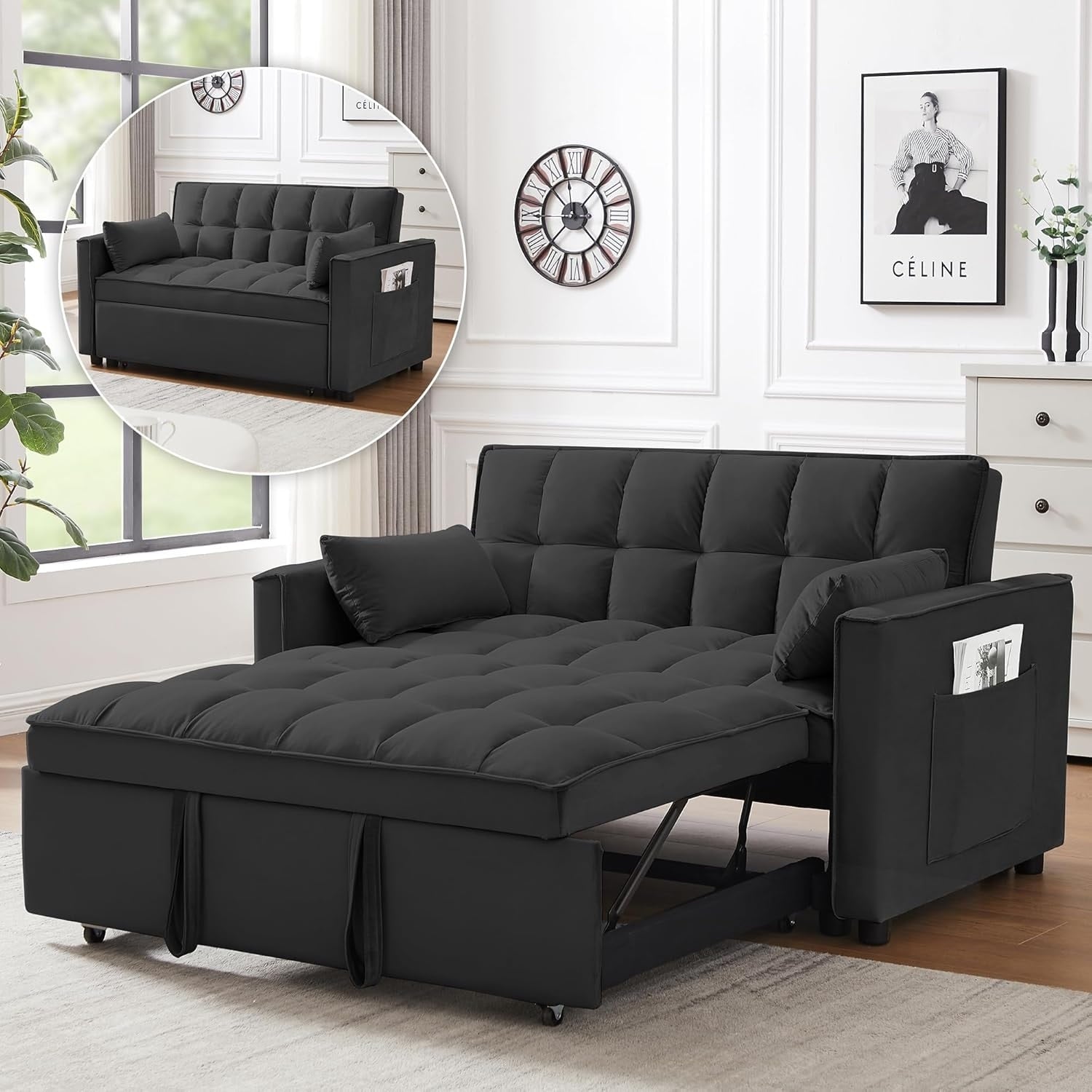 3-in-1 Convertible Sleeper Sofa Bed - Velvet Futon Couch with Adjustable Backrest &amp; Side Pocket for Small Spaces