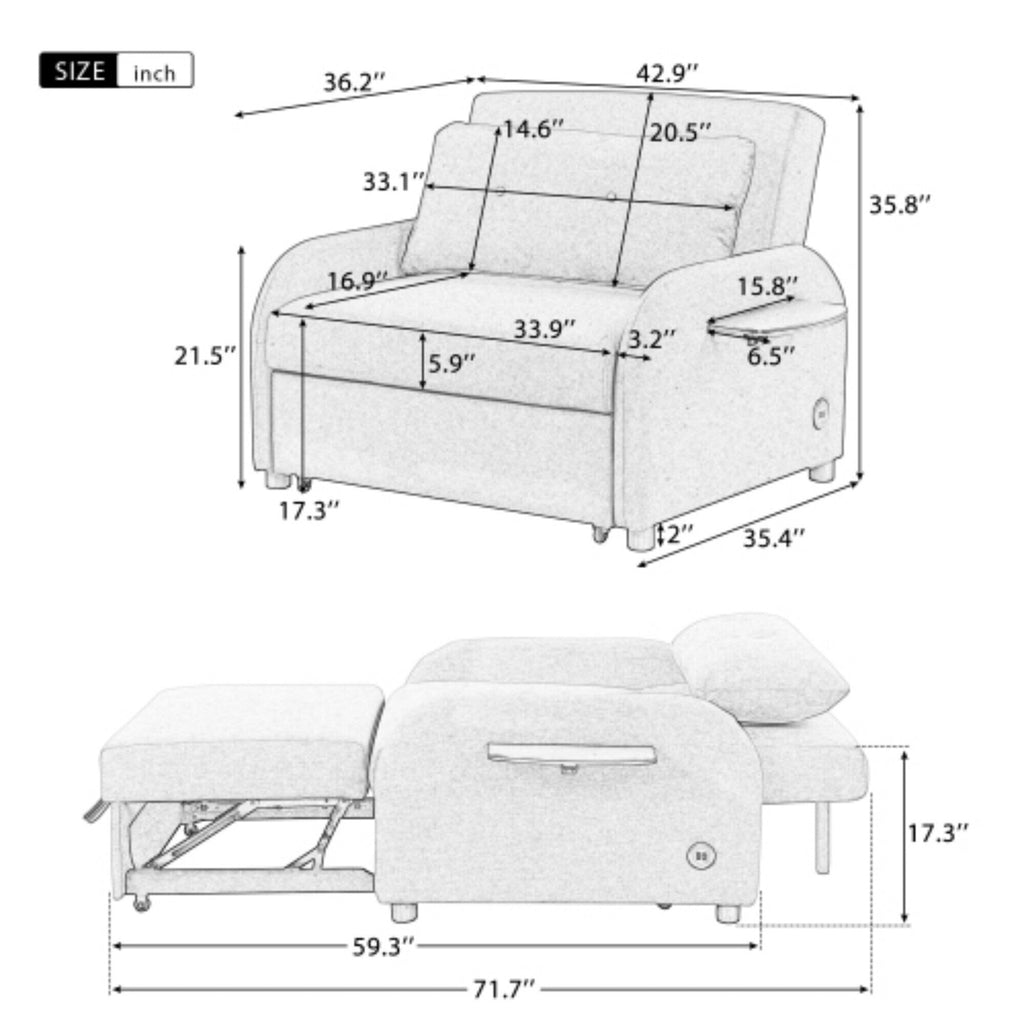 3-in-1 Pull-Out Sofa Sleeper with Collapsible Wing Table &amp; USB Ports by Harper&amp;Bright Designs