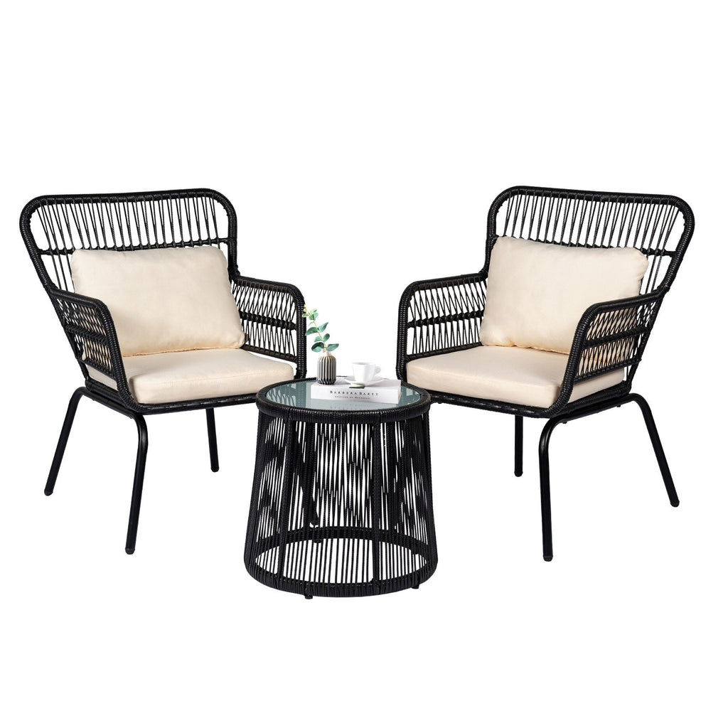 3 Piece Outdoor Wicker Conversation Bistro Set, All-Weather Rattan Furniture Patio Chairs Set with Cushions