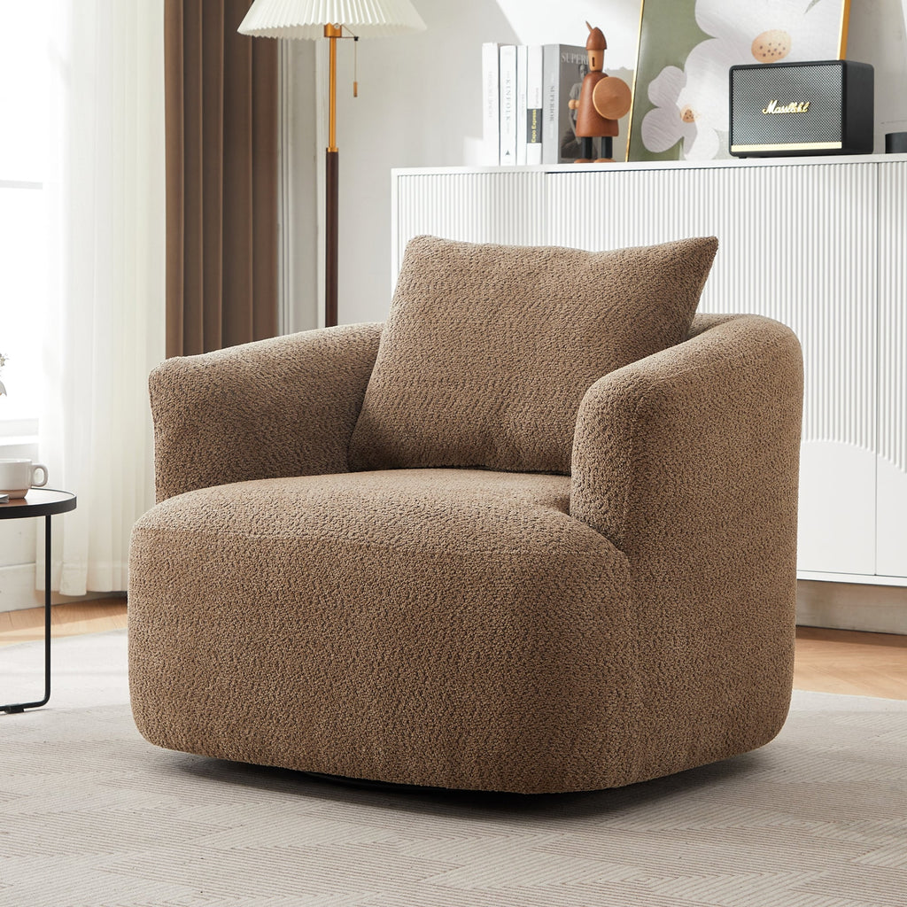 360¡ã Swivel Chair, 38.2 Boucle Accent Chair with Throw Pillow, Upholstered Barrel Sofa Chair with Curved Armrests