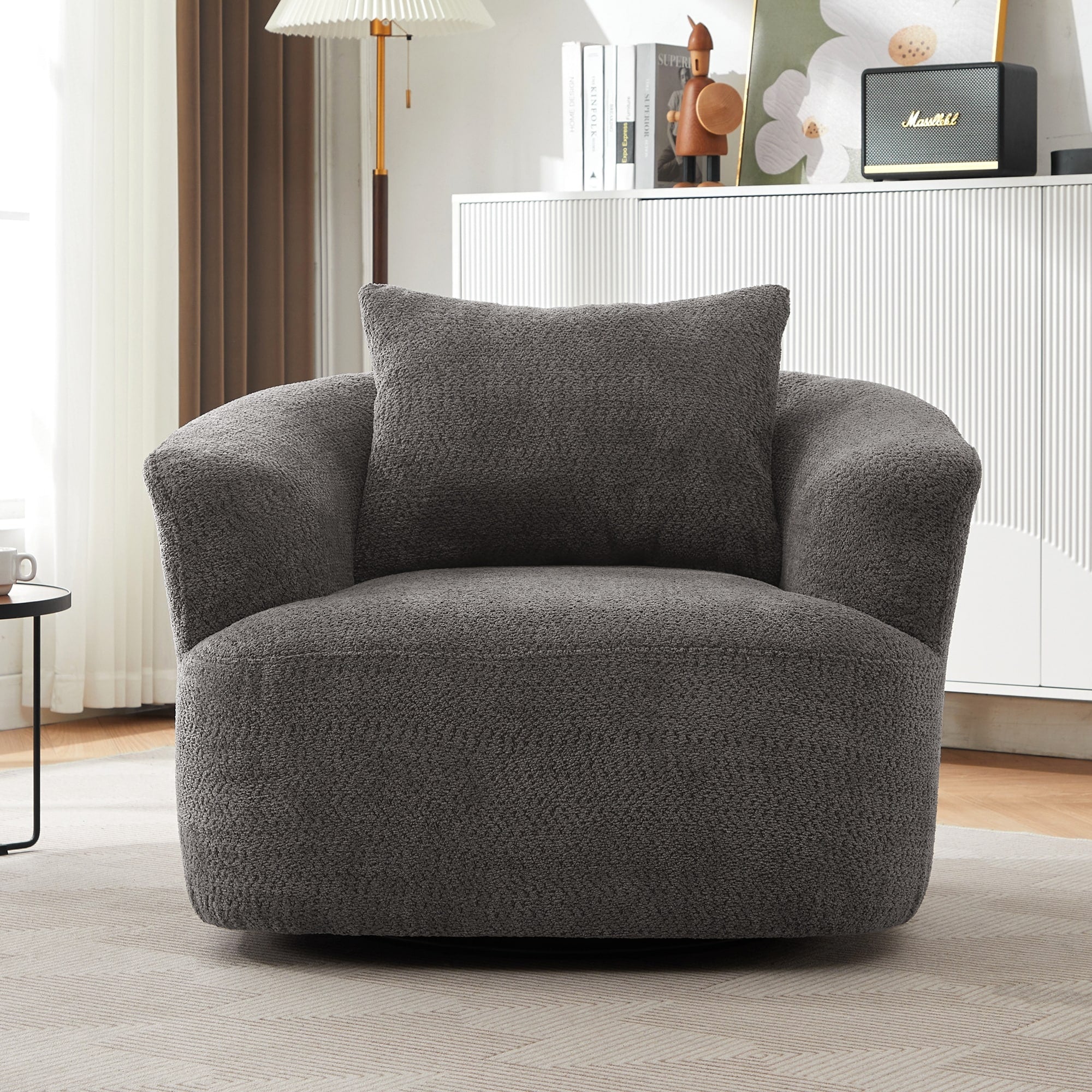 360¡ã Swivel Chair, 38.2 Boucle Accent Chair with Throw Pillow, Upholstered Barrel Sofa Chair with Curved Armrests