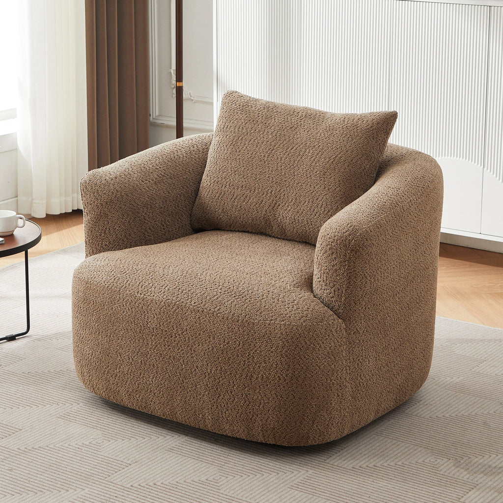 360¡ã Swivel Chair, 38.2 Boucle Accent Chair with Throw Pillow, Upholstered Barrel Sofa Chair with Curved Armrests