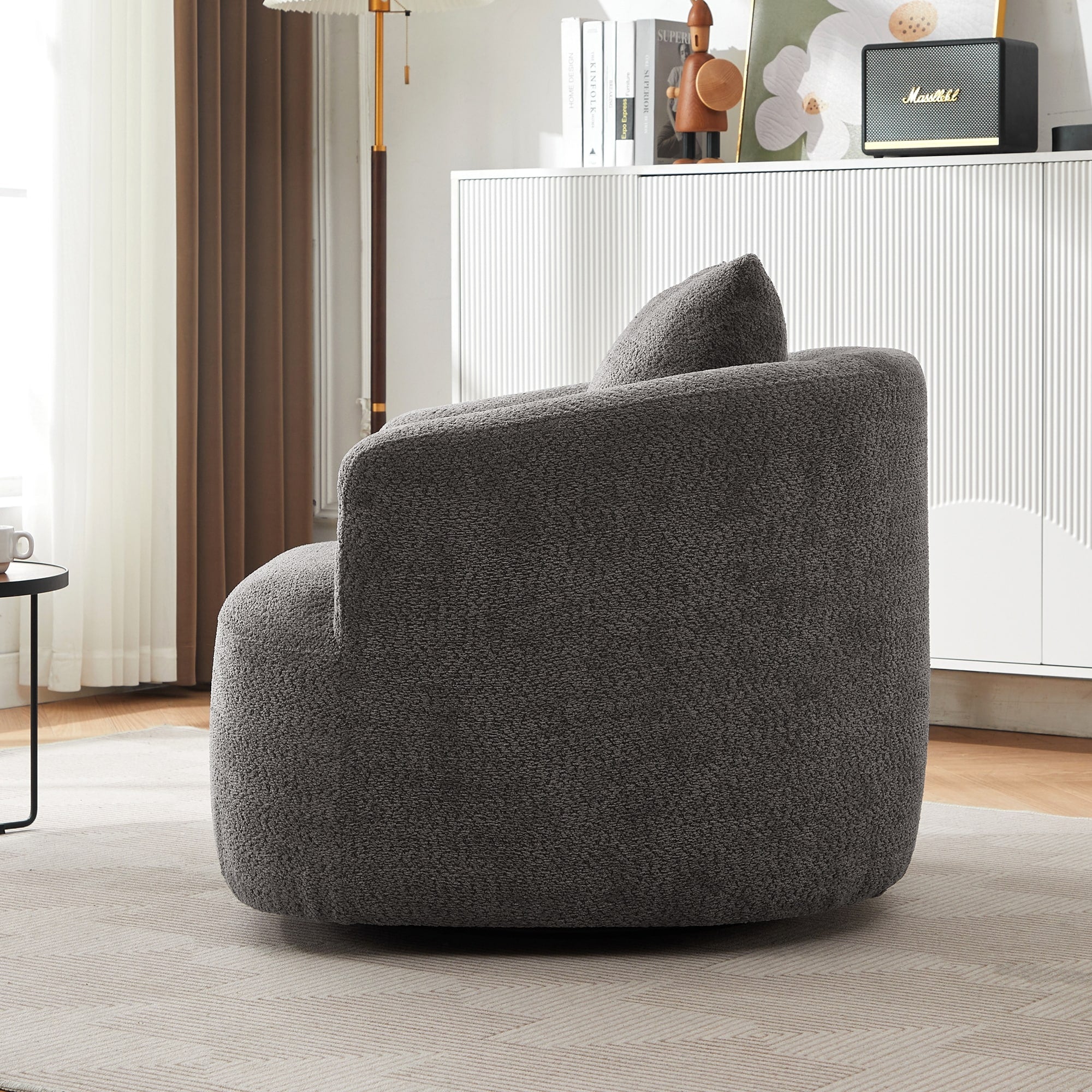 360¡ã Swivel Chair, 38.2 Boucle Accent Chair with Throw Pillow, Upholstered Barrel Sofa Chair with Curved Armrests