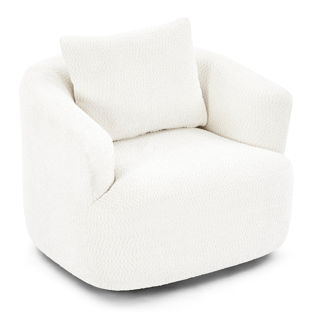 360¡ã Swivel Chair, 38.2 Boucle Accent Chair with Throw Pillow, Upholstered Barrel Sofa Chair with Curved Armrests